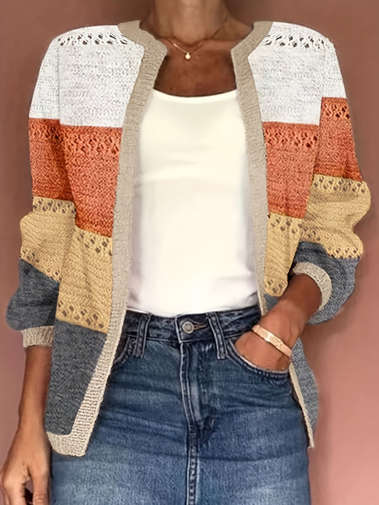  Colorblock Pointelle Long Sleeve Cardigan