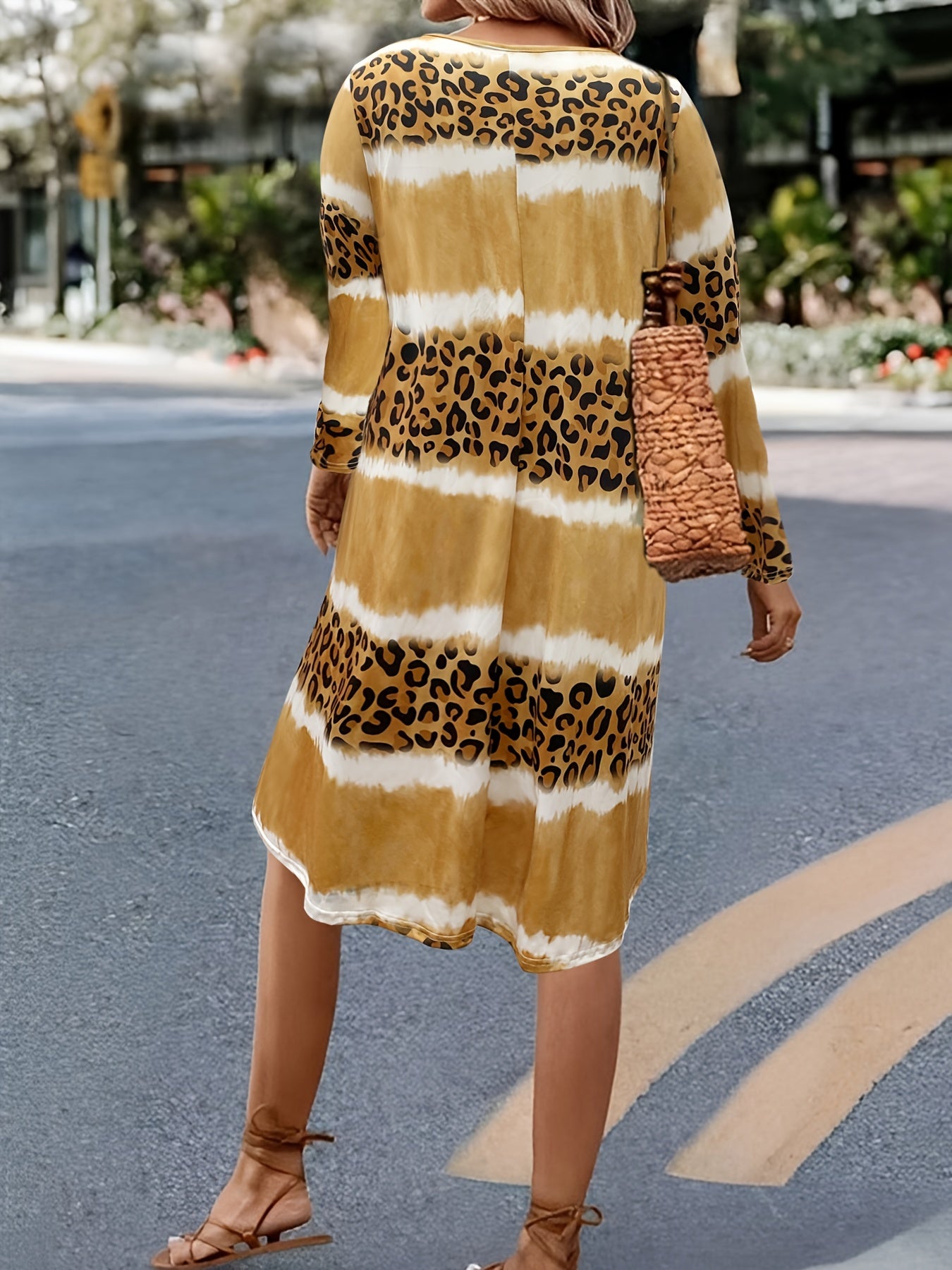  Colorblock Leopard Print V Neck Dress