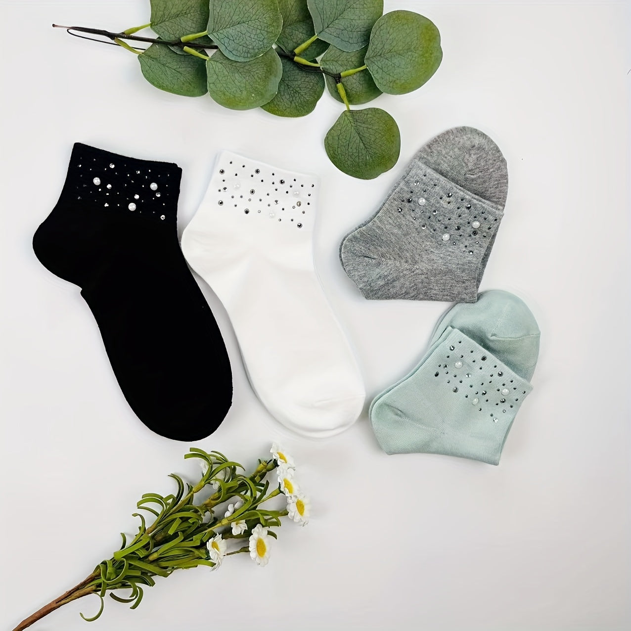 5 Pairs Rhinestone Crew Short Socks Women's Stockings