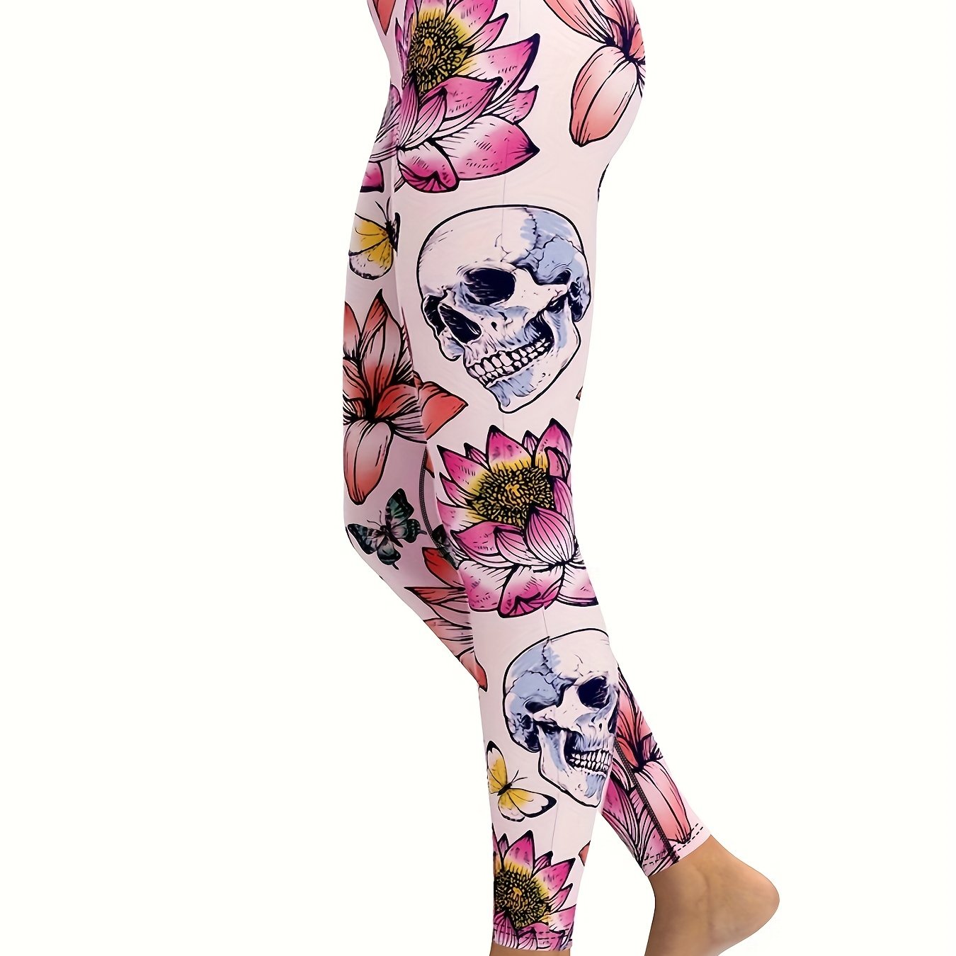 Women's Skull Butterfly Lotus Print Tight Pants for Yoga & Running
