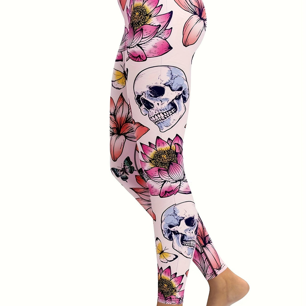 Women's Skull Butterfly Lotus Print Tight Pants for Yoga & Running