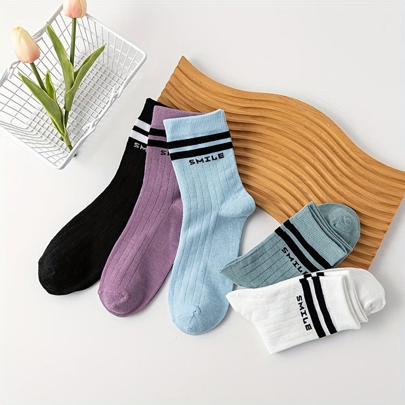 5 Pairs Letter Print Striped Socks Women's Stockings