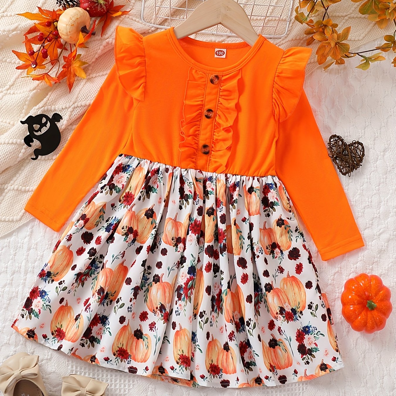 Pumpkin & Flowers Dress with Ruffle Trims Long Sleeves