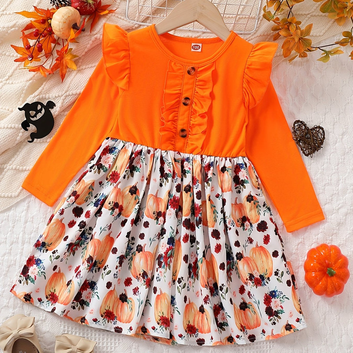Pumpkin & Flowers Dress with Ruffle Trims Long Sleeves
