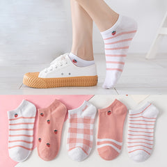 5 Pairs Pink Strawberry Pattern Ankle Socks