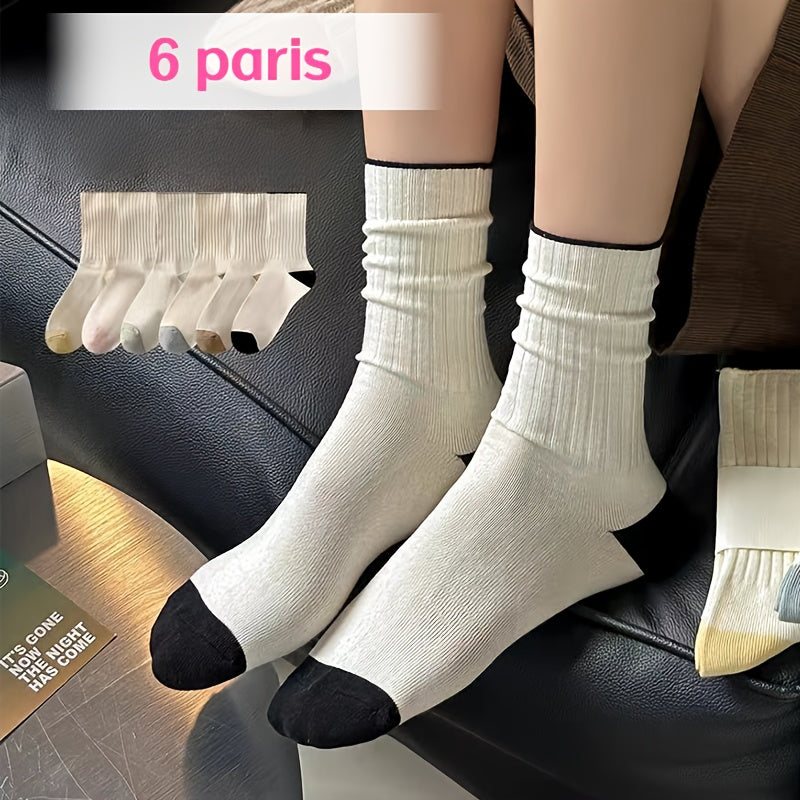6 Pairs Contrast Trim Socks Mid Tube Women's Stockings