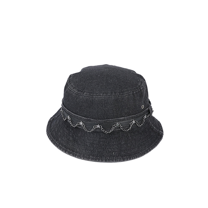 Metal Chain Denim Bucket Hat Distressed Hip Hop Fisherman Cap