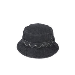 Metal Chain Denim Bucket Hat Distressed Hip Hop Fisherman Cap