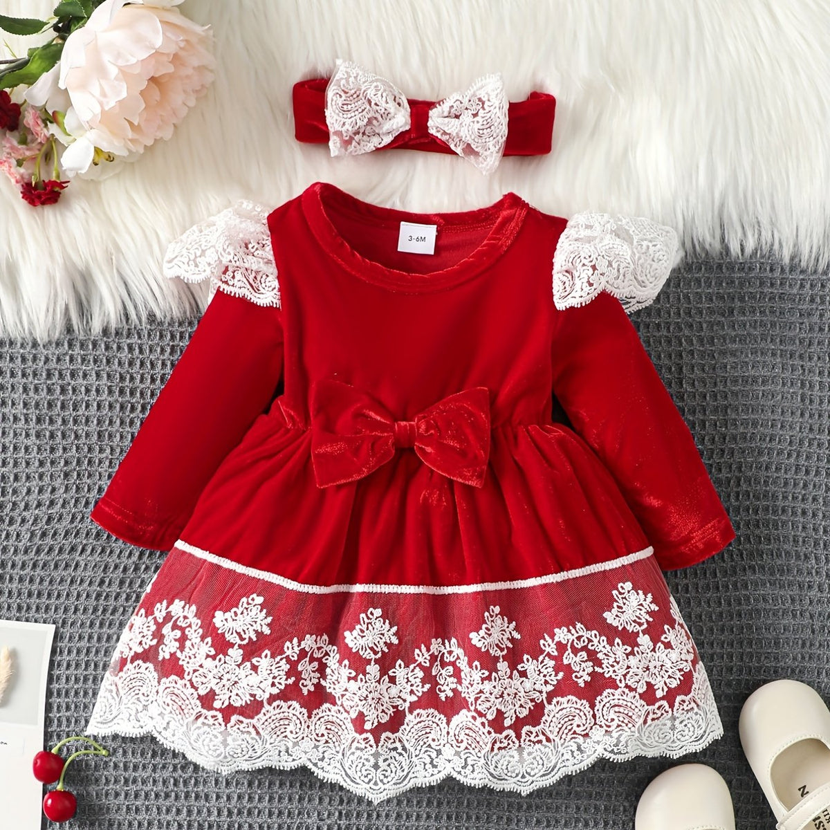 Bow Long Sleeve Tutu Dress With Lace Floral Trim & Headscarf