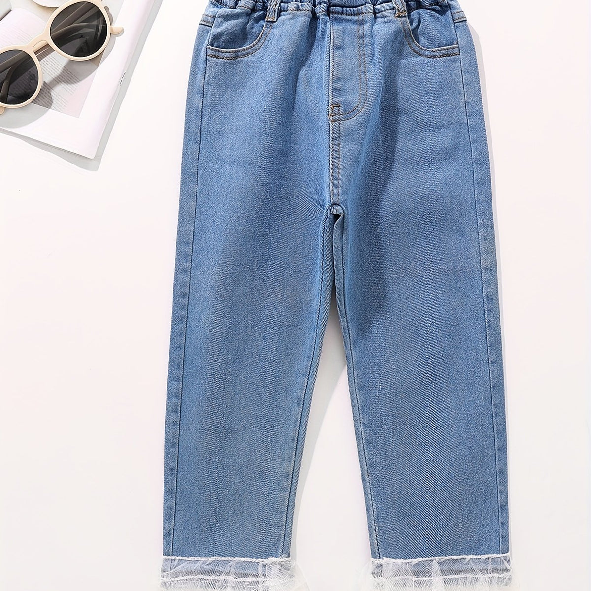 Girl's Lace Fringe Casual Jeans Trousers Elastic Waist Long Pants