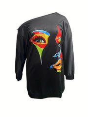  Sexy Dress Women's Plus Abstract Print One Shoulder Long Sleeve Tee