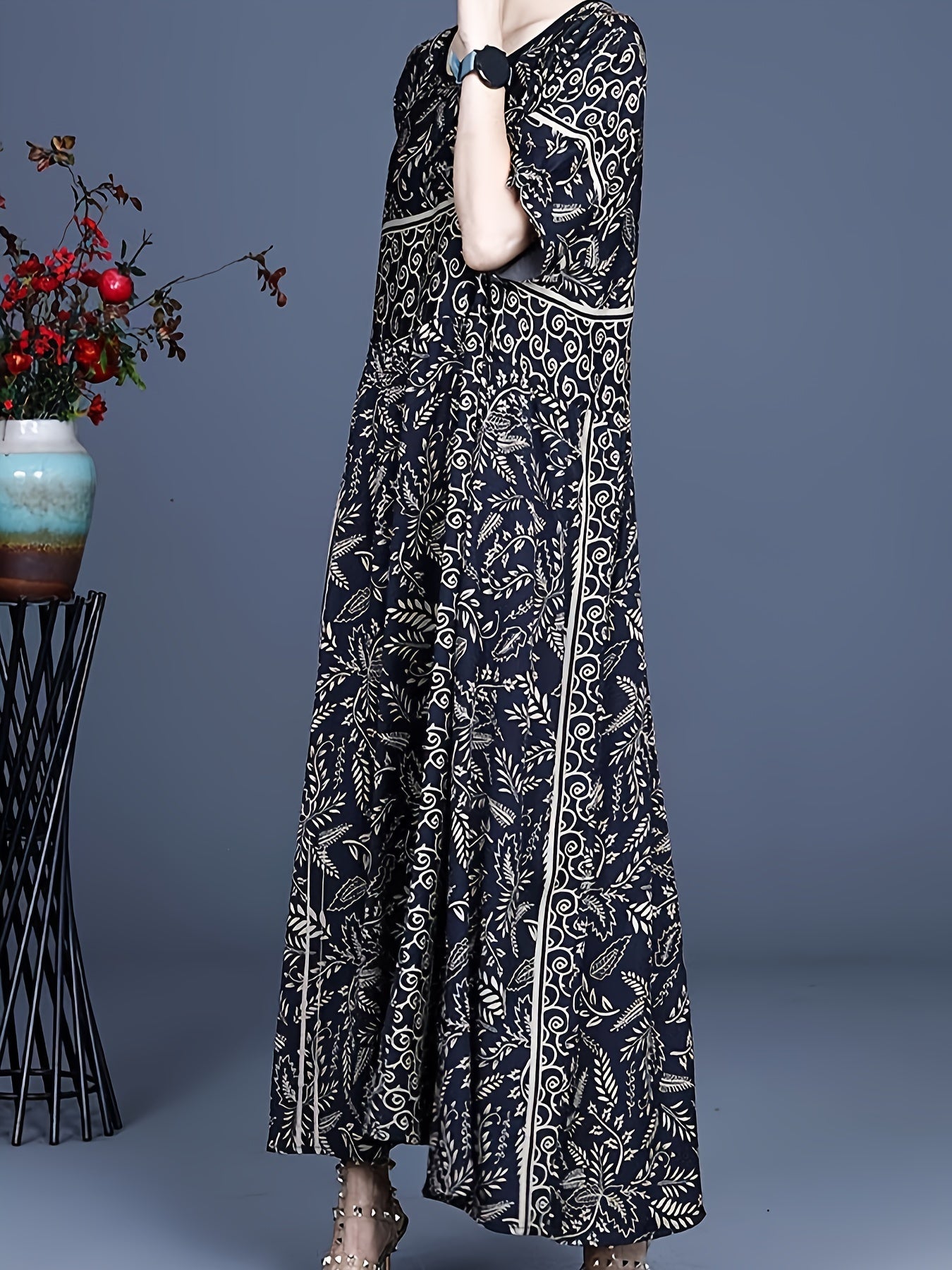 Boho Maxi Dress Women's Plus Allover Print Half Sleeve Loose Fit Dress