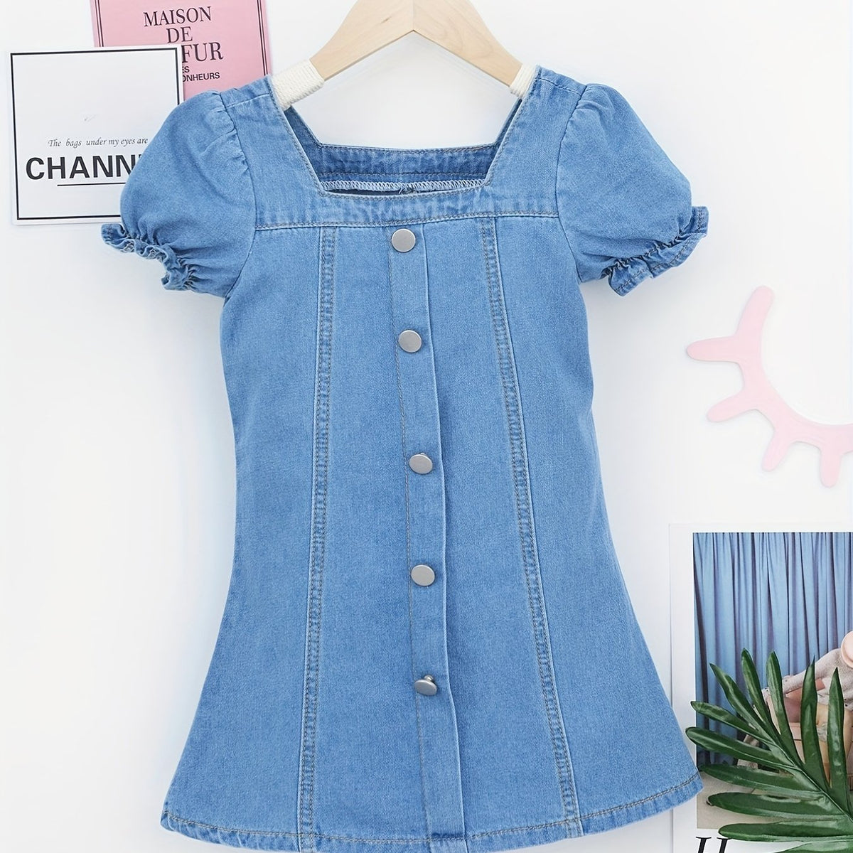 Girls Casual Denim Tunic Dress Square Neck Short Sleeve