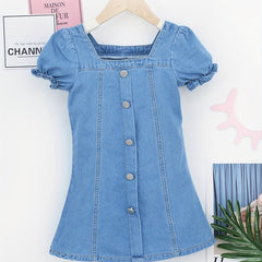 Girls Casual Denim Tunic Dress Square Neck Short Sleeve