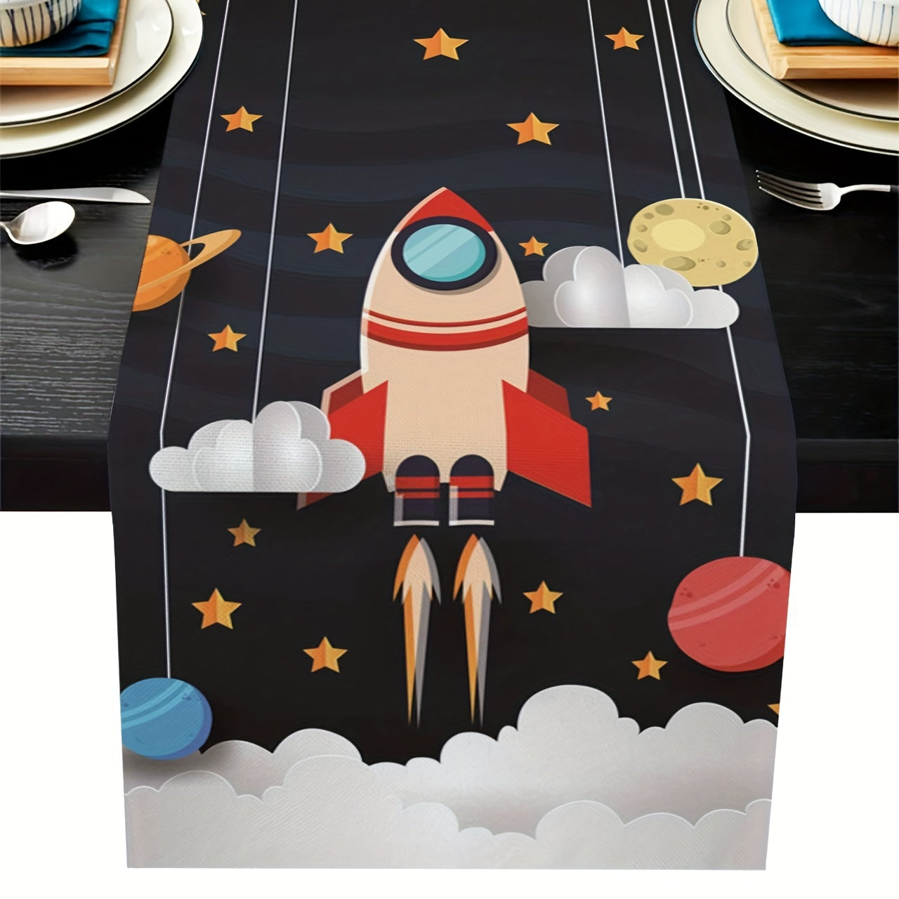 Space Rocket Planet Cotton Linen Table Runner 13x72 Inch