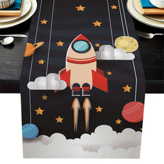 Space Rocket Planet Cotton Linen Table Runner 13x72 Inch