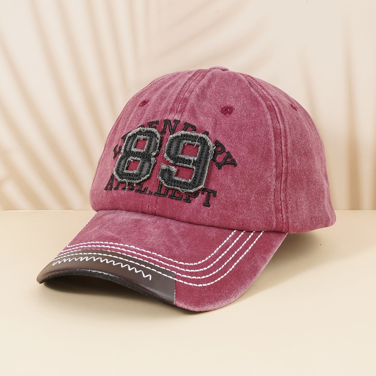 Distressed Baseball Cap with Leather Patch Embroidery