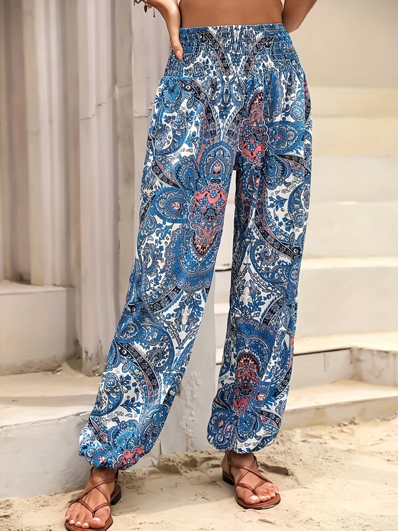 Paisley Print Shirred Waist Pants Boho Long Length Jogger Pants