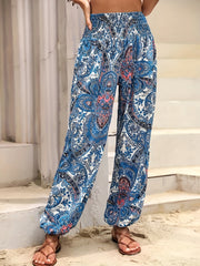 Paisley Print Shirred Waist Pants Boho Long Length Jogger Pants