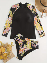  Tropical Print Tankini Set Long Sleeve Crew Neck Top & Panty Swimwear