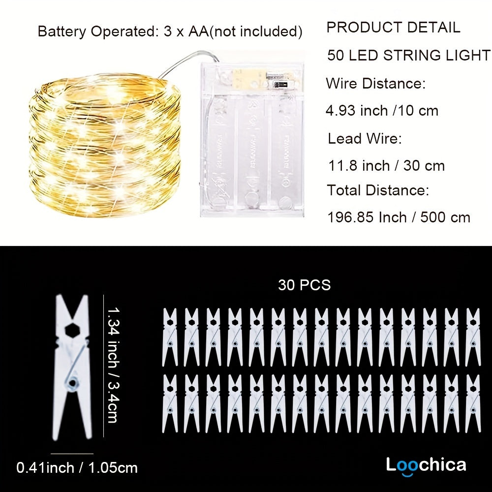 Loochica Photo Clip String Lights with 30 Clear Clips for Hanging Pictures