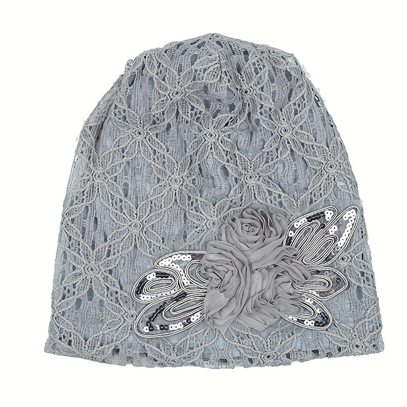 Flower Decor Lace Beanie Solid Turban Hat Lightweight Chemo Cap