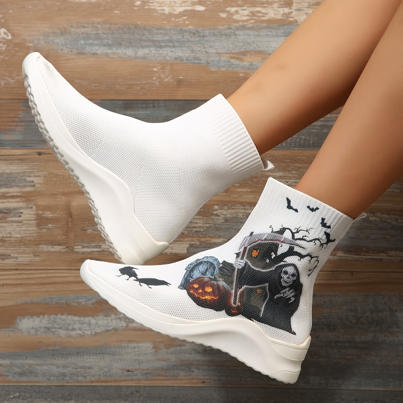 Women's Ghost & Pumpkin High Top Sock Shoes Halloween Ankle Boots