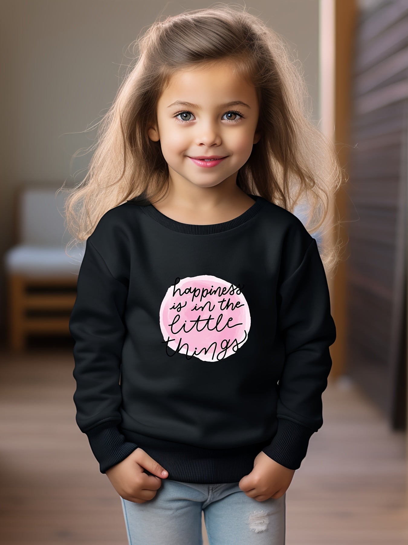 Girls Letters Pattern Crew Neck Long Sleeve Sweatshirt