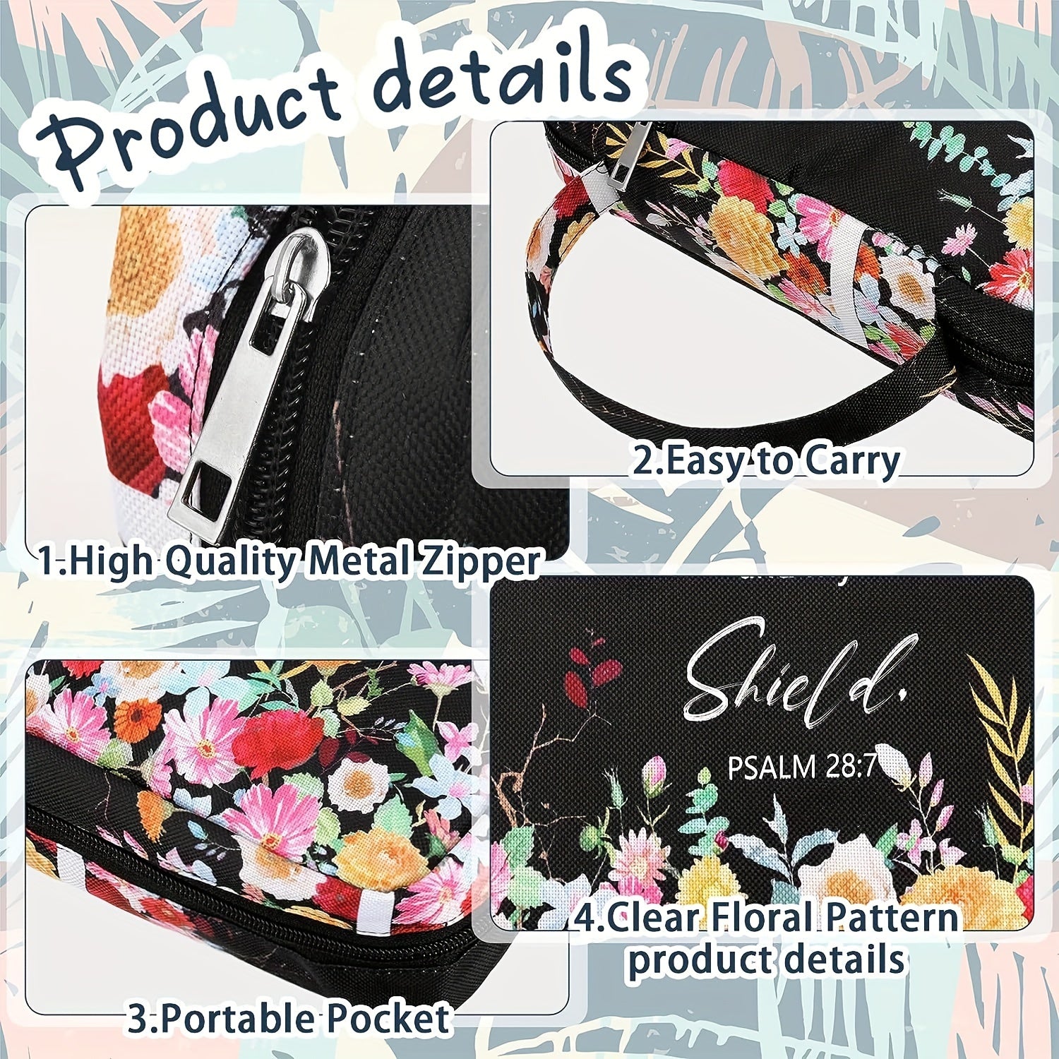 Floral Bible Case w/ Handle & Pocket, Carrying Organizer Bag for Girls