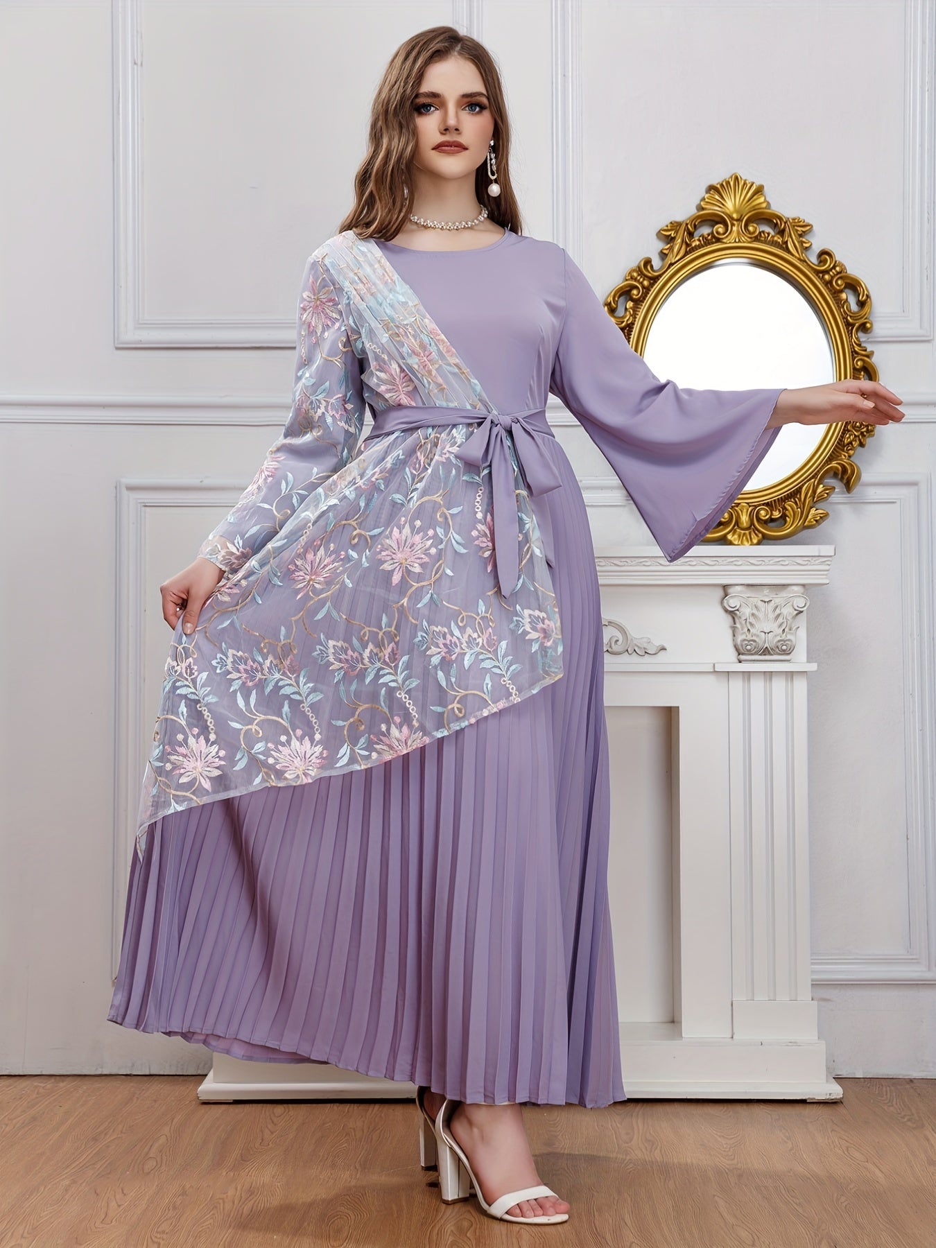  Abaya Dress Women's Plus Contrast Lace Bell Sleeve