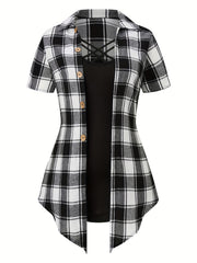  Plaid Print Blouse & Cami Top Set