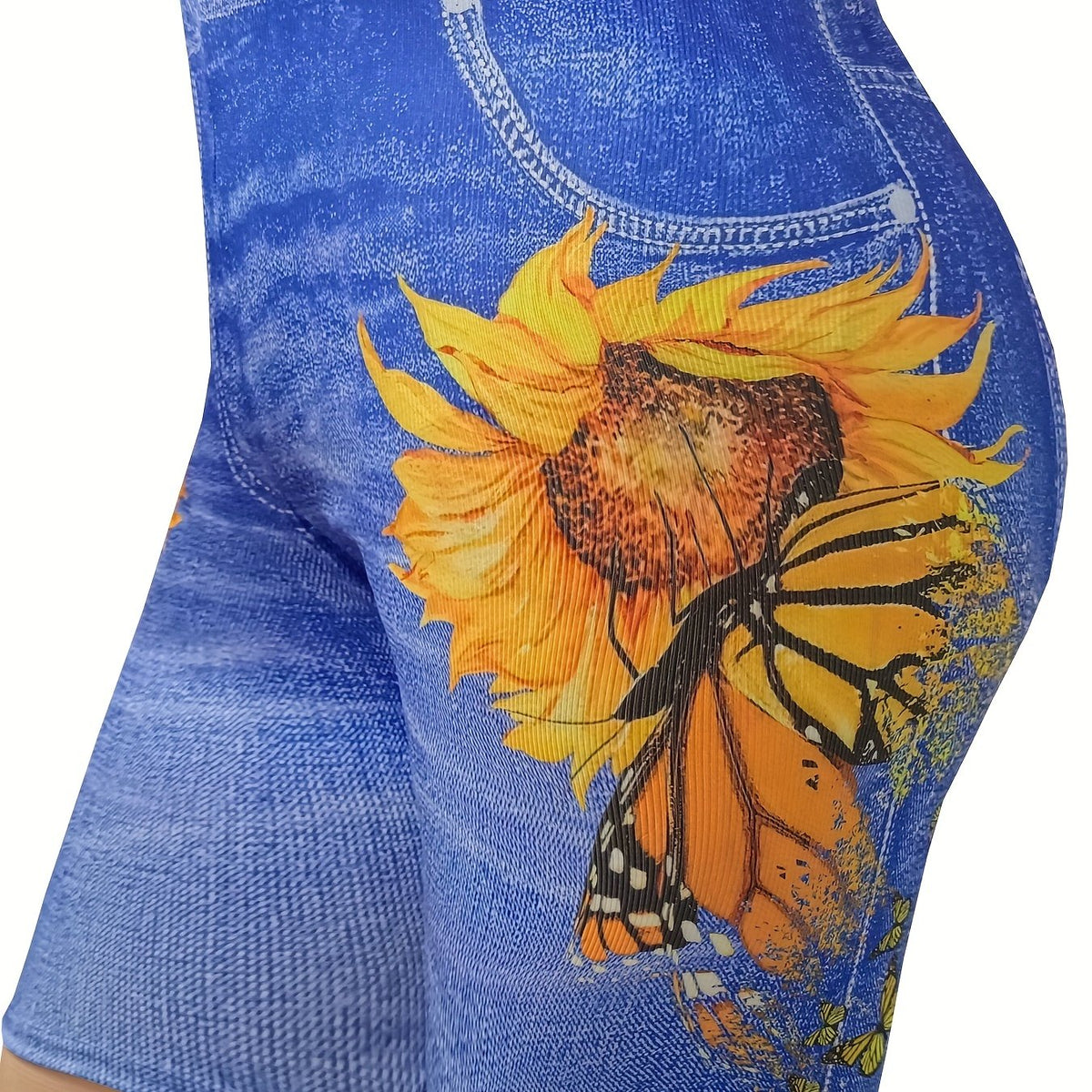 Women's Plus Denim & Sunflower Print High Rise Skinny Shorts