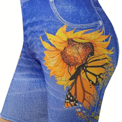 Women's Plus Denim & Sunflower Print High Rise Skinny Shorts