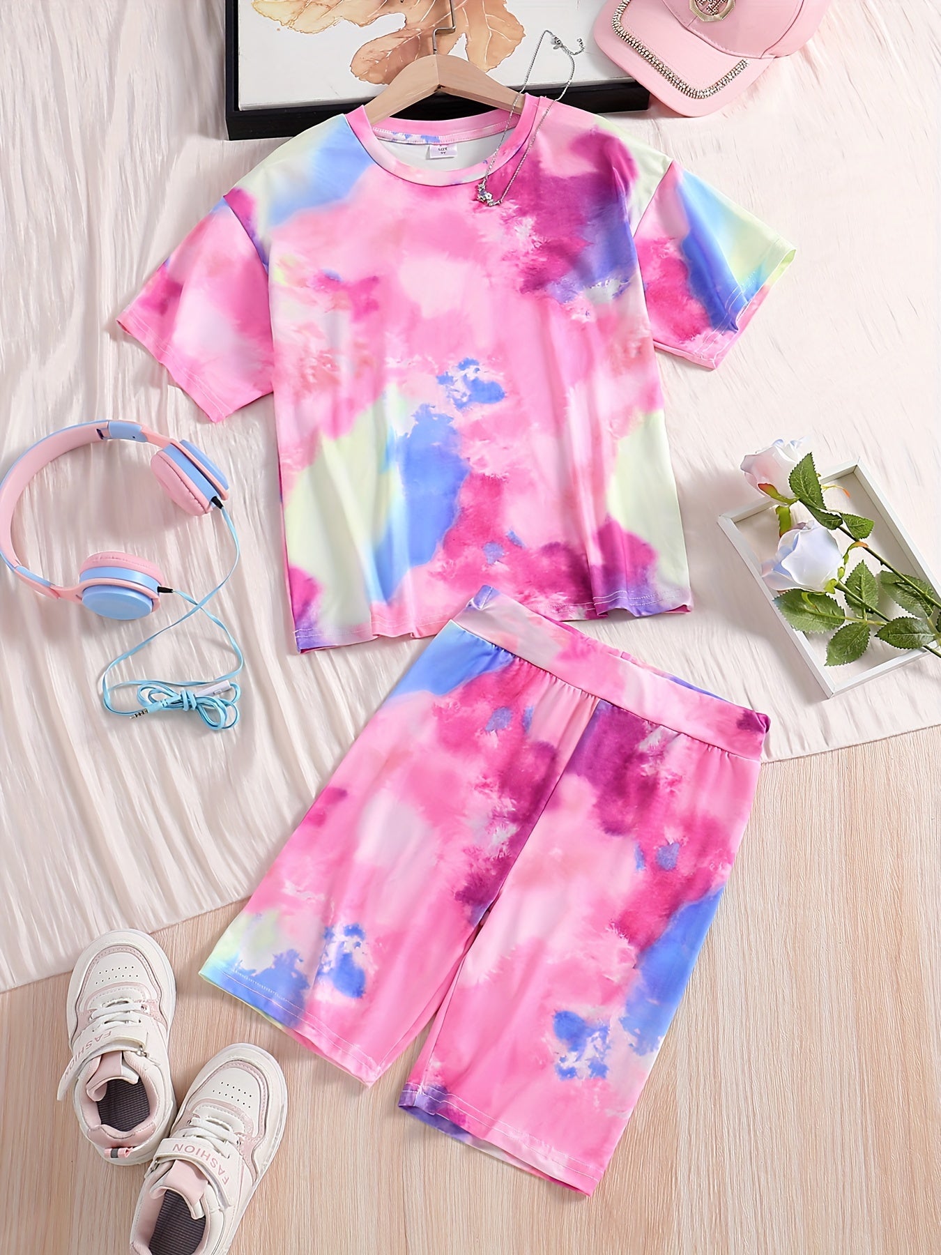 Girls' Tie Dye Short Sleeve T Shirt & Biker Shorts Set Sports Casual Yoga
