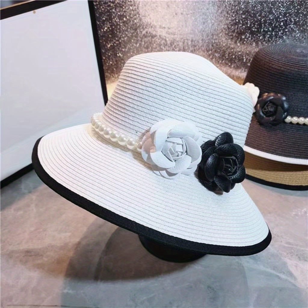 Straw Bucket Hat with Faux Pearl Hatband & Flower Decor