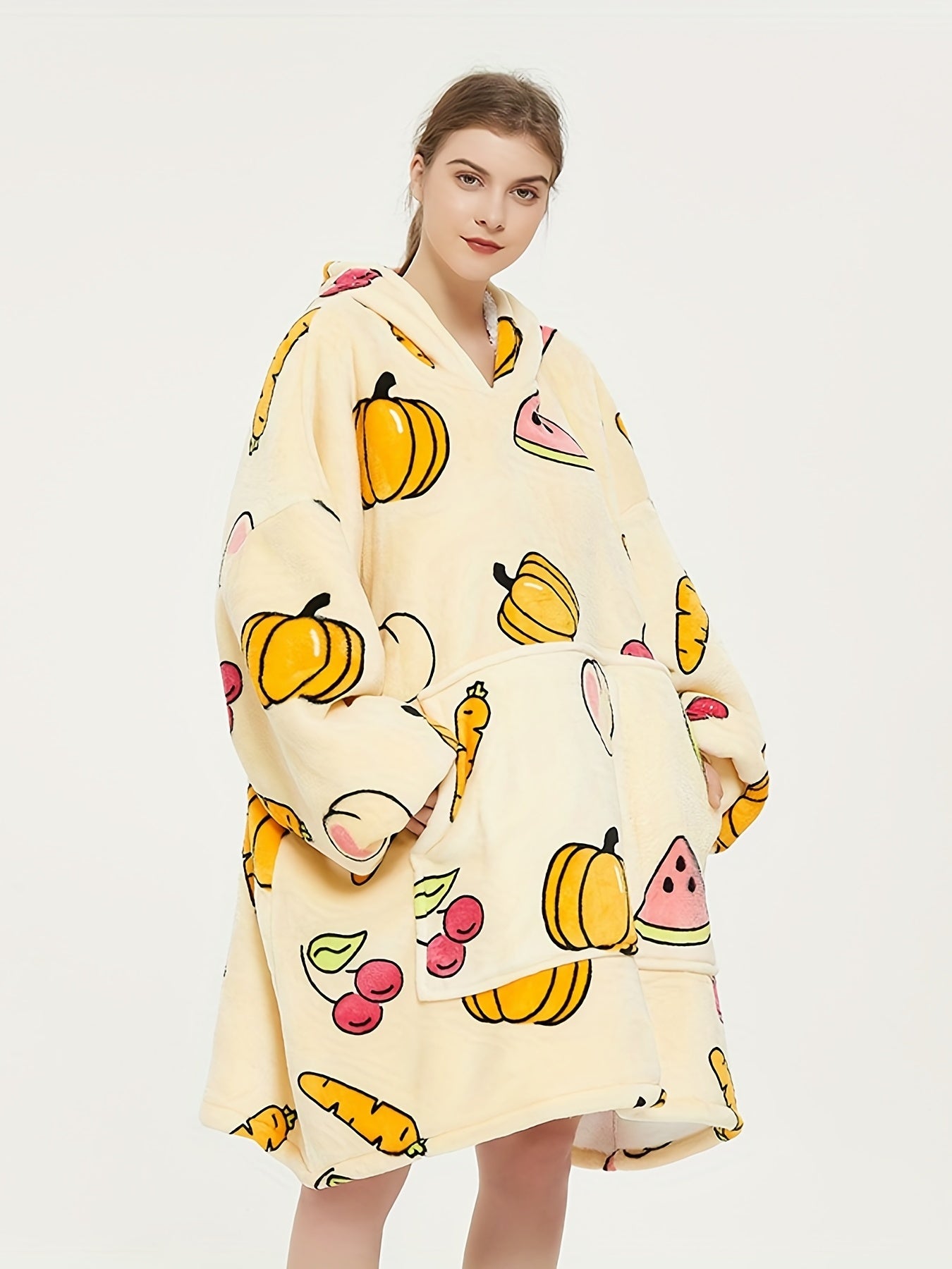  Halloween Lounge Robe Watermelon Pumpkin Print Hooded Flannel Blanket