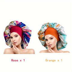 2pcs Colorful Satin Bonnet Oversized Turban Cap Large Elastic Head Wrap