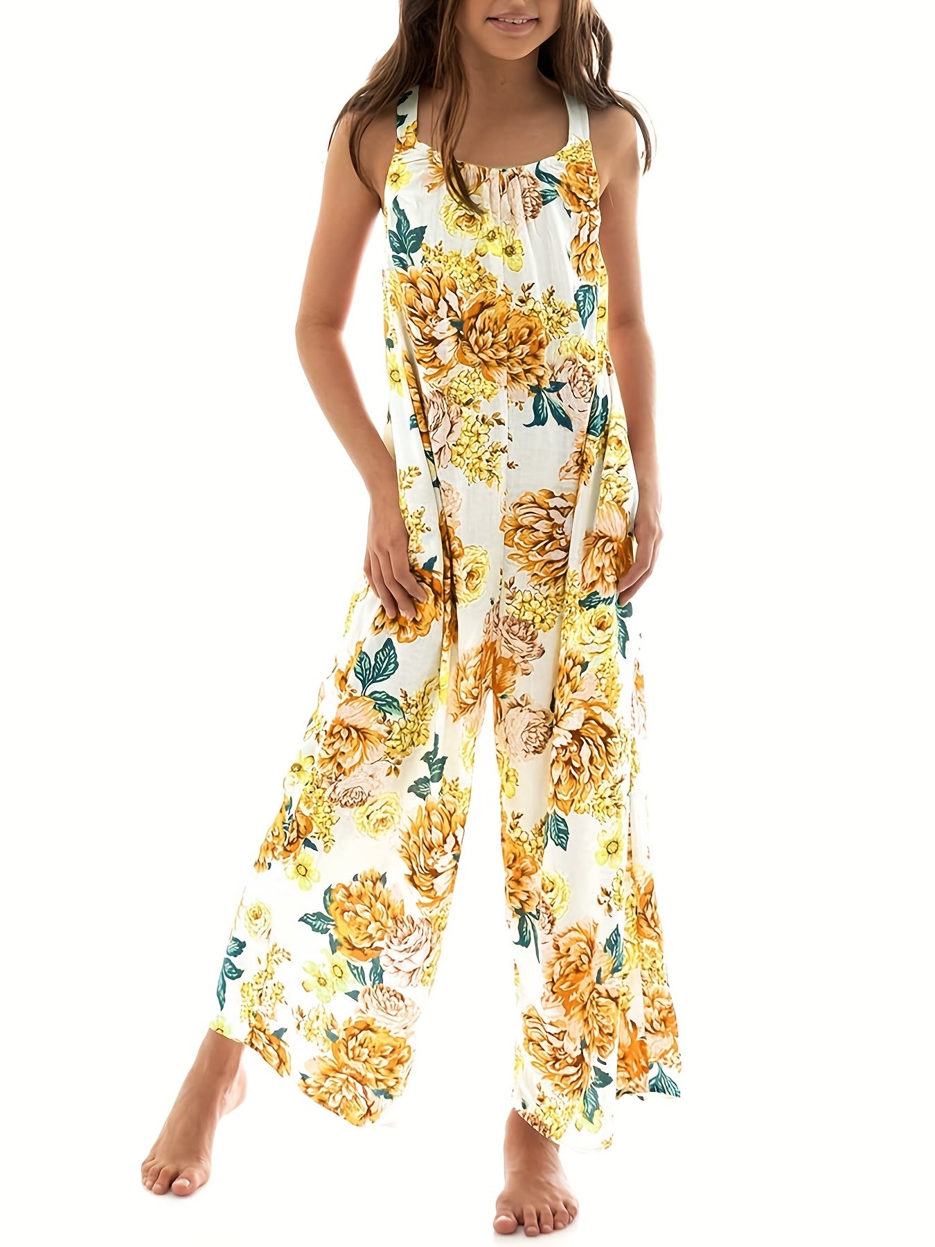 Girls Boho Floral Maxi Backless Jumpsuit Teen Wide Leg Rompers