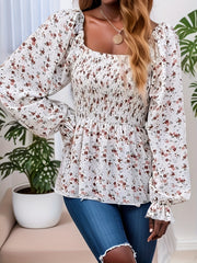  Ditsy Print Lantern Sleeve Peplum Top
