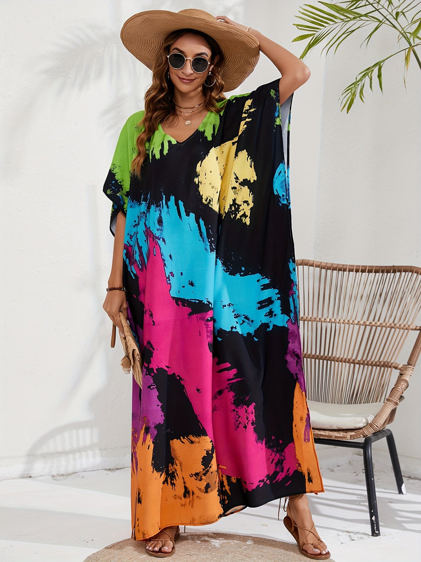  Tie Dye Batwing Sleeve Maxi Beach Cover Up Dress