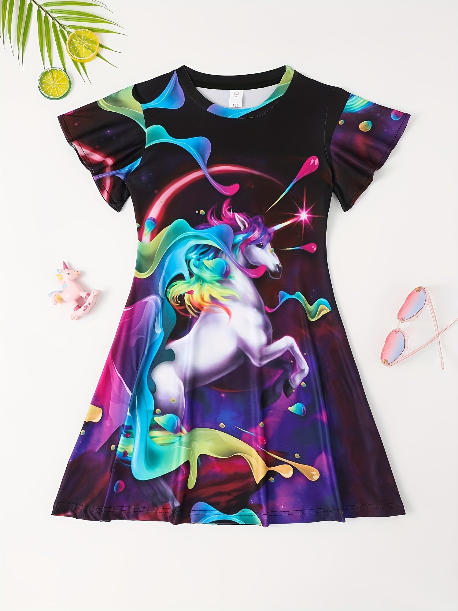 Girls 3D Unicorn Print Short Sleeve Dress For Summer Outdoor Gift