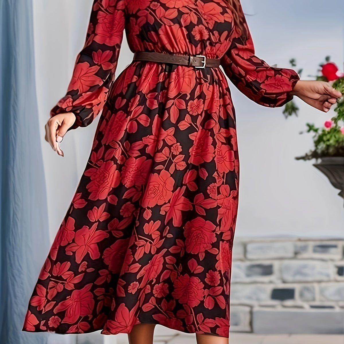  Casual Dress Women's Plus Floral Print Long Sleeve V Neck