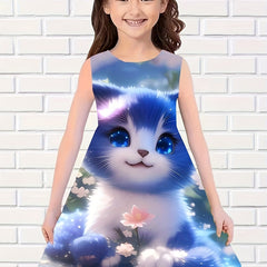 Kitty Graphic Dress Sleeveless Girls Party Gift Summer