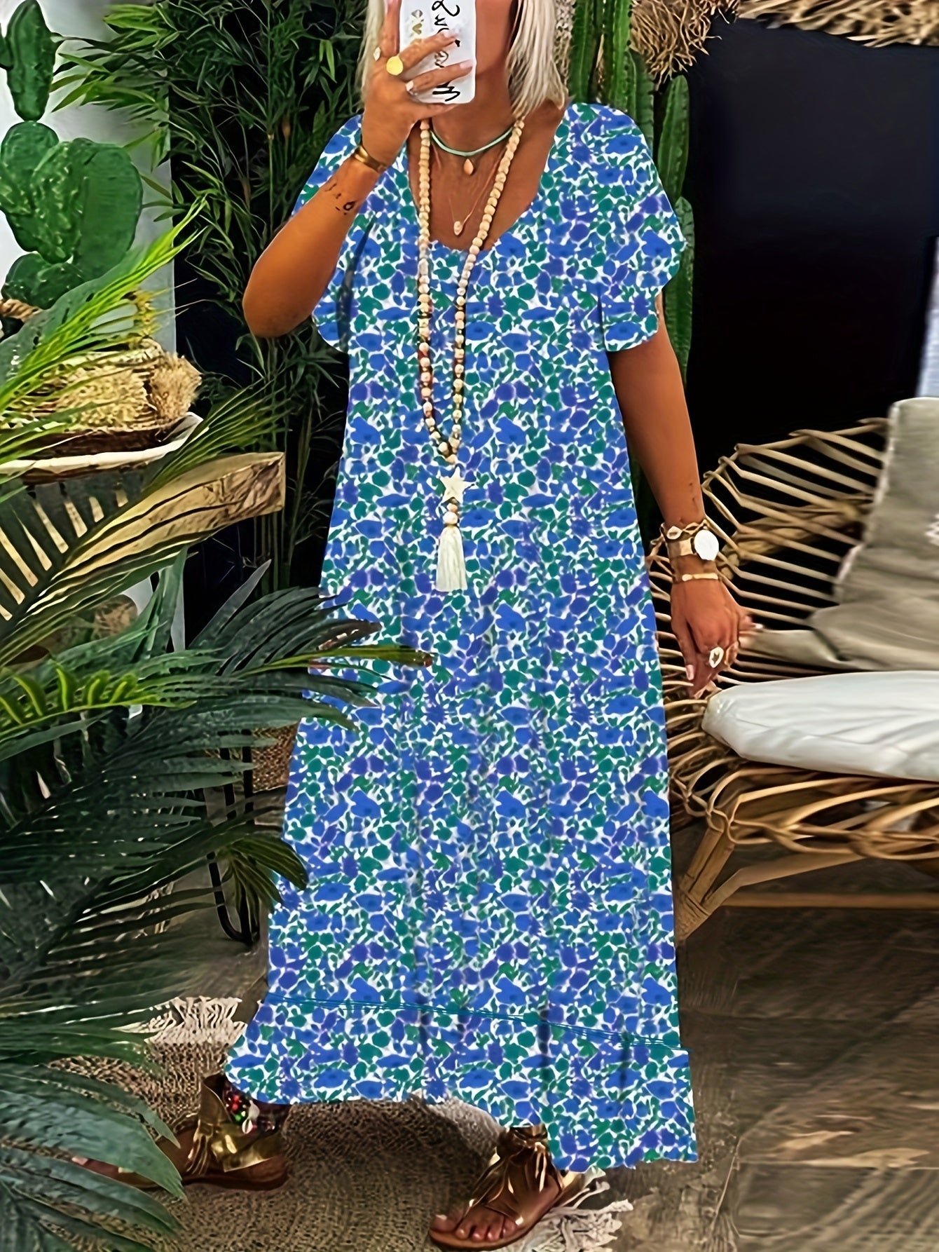  Boho Dress Floral Print V Neck Maxi Dress