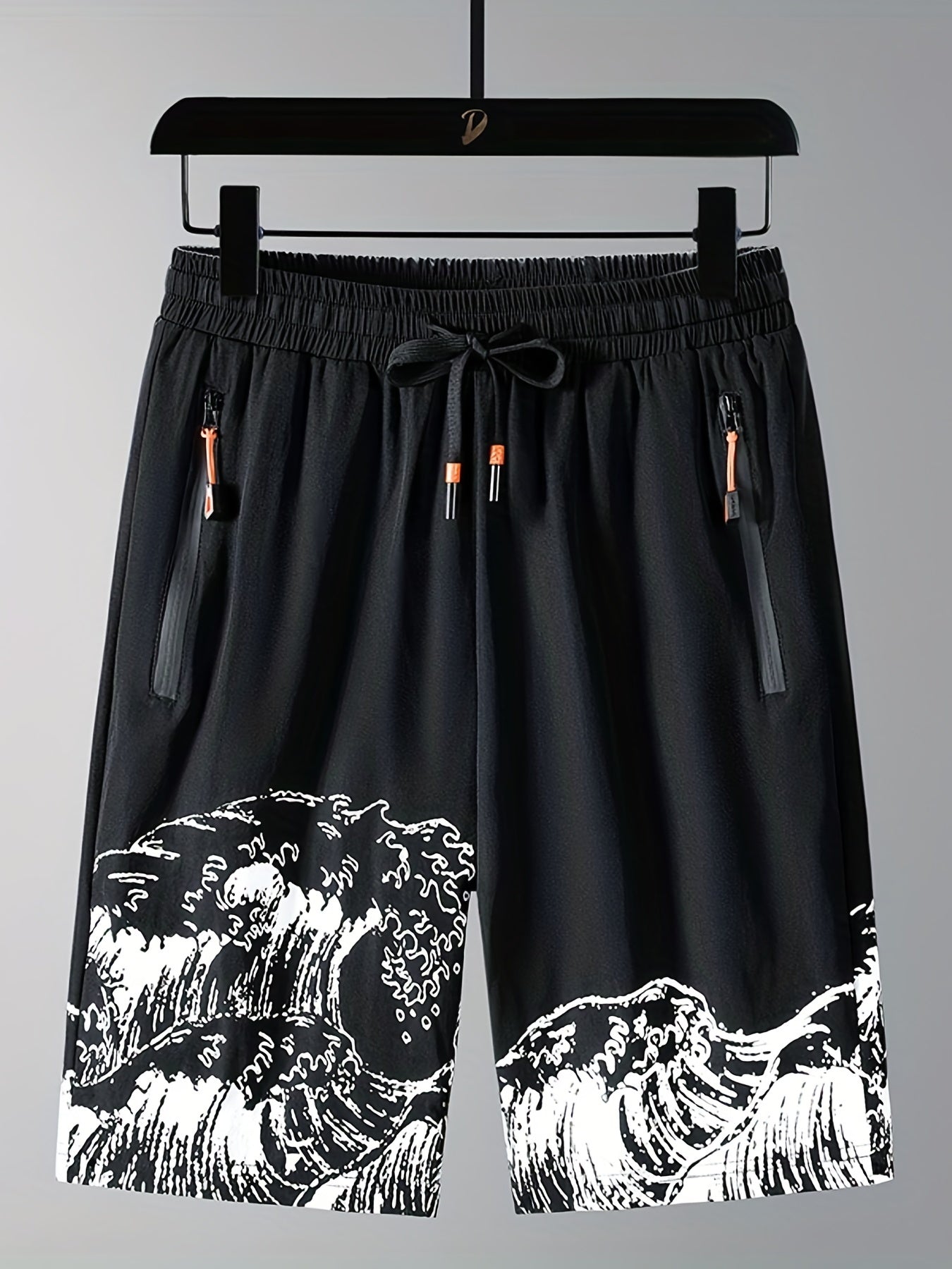 Men's Waves Print Drawstring Basketball Shorts Rapid Drying Gym Clothing