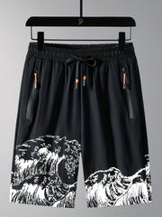 Men's Waves Print Drawstring Basketball Shorts Rapid Drying Gym Clothing
