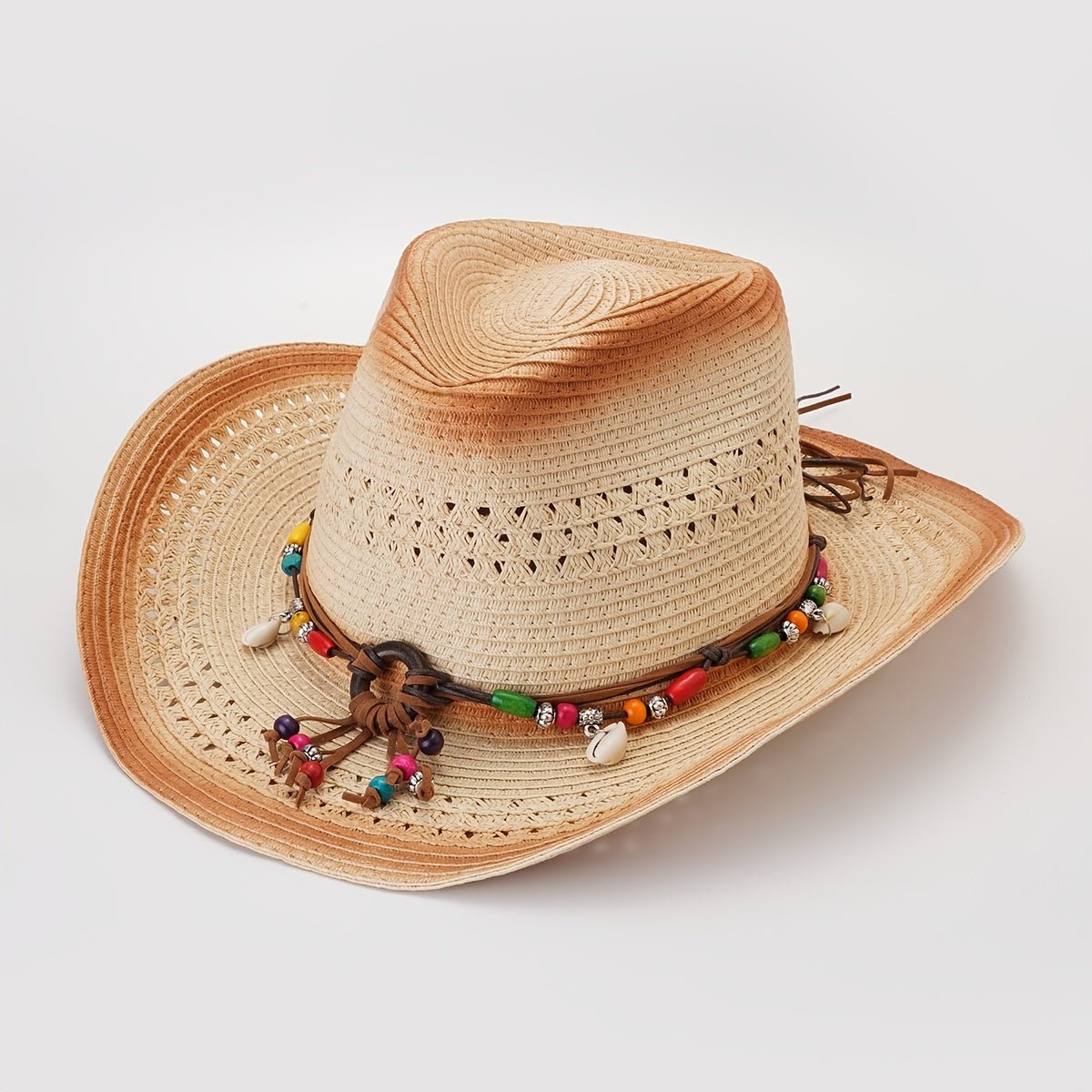 Khaki Wide Brim Cowboy Hat Boho Beads Belt Chain Decor