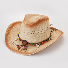 Khaki Wide Brim Cowboy Hat Boho Beads Belt Chain Decor