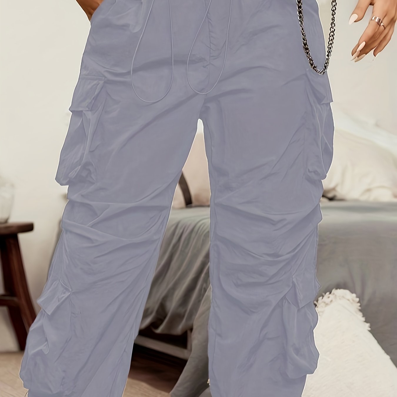  Solid Drawstring High Rise Cargo Trousers
