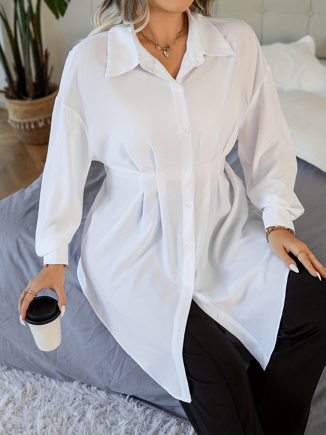  Blouse Solid Lantern Sleeve Button Up Collar